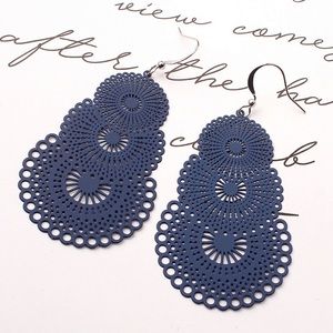 NEW Blue Boho Stamped Metal Filigree Dangle Earrings